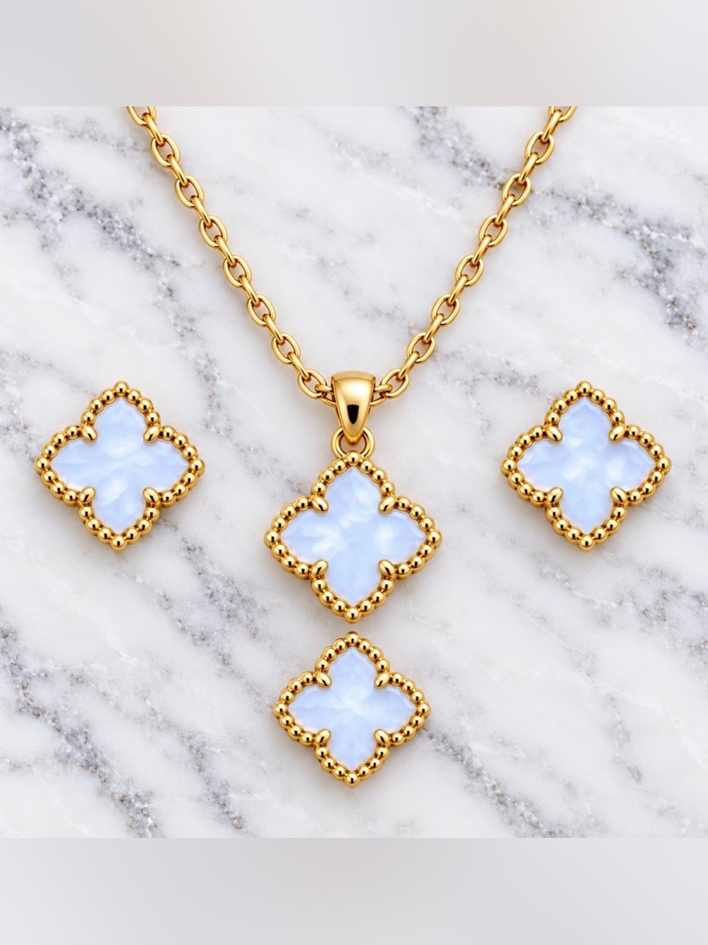Gold Plated- White Enamel Clover Necklace, Stud Earrings and Adjustable Ring Set